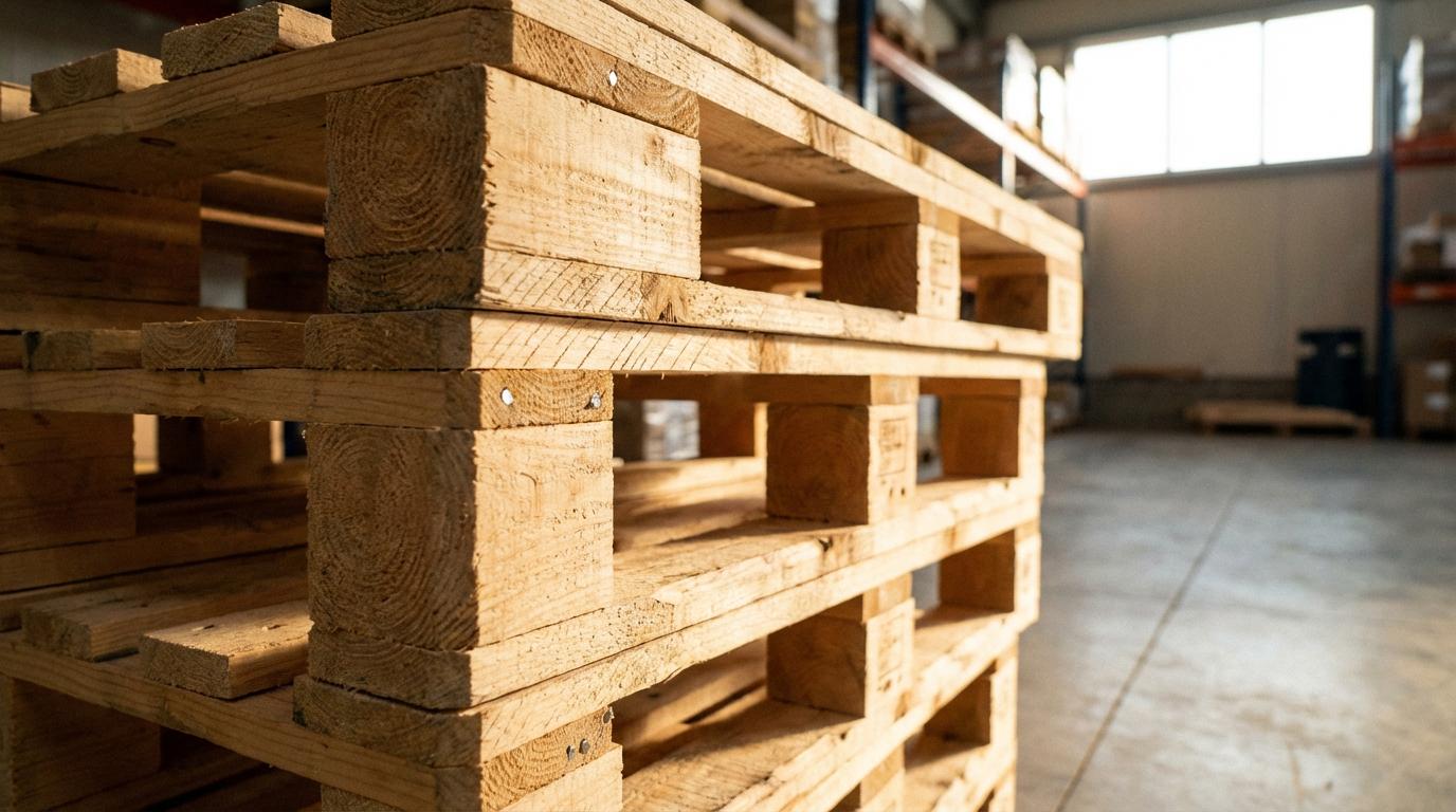 New standard wooden pallets stacked in warehouse